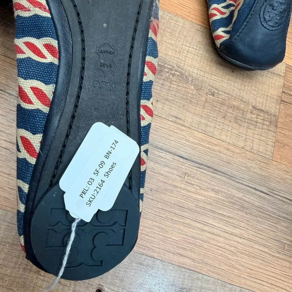 Tory Burch size 9.5 Blue & Red Striped Leather Flats